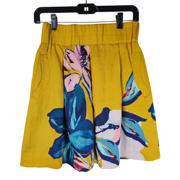 Anthropologie Maeve Textured Jacquard Skirt 4 Yellow Blue Floral Pleated Short - Picture 1 of 10